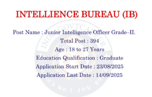 INTELLIGENCE BUREAU RECRUITMENT (IB) 2025- JUNIOR INTELLIGENCE OFFICER GRADE–II -394 Post